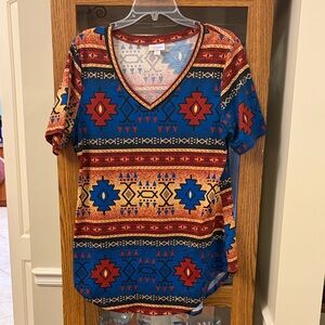 LuLaRoe Geometric Print V-Neck Top - Blue and Red